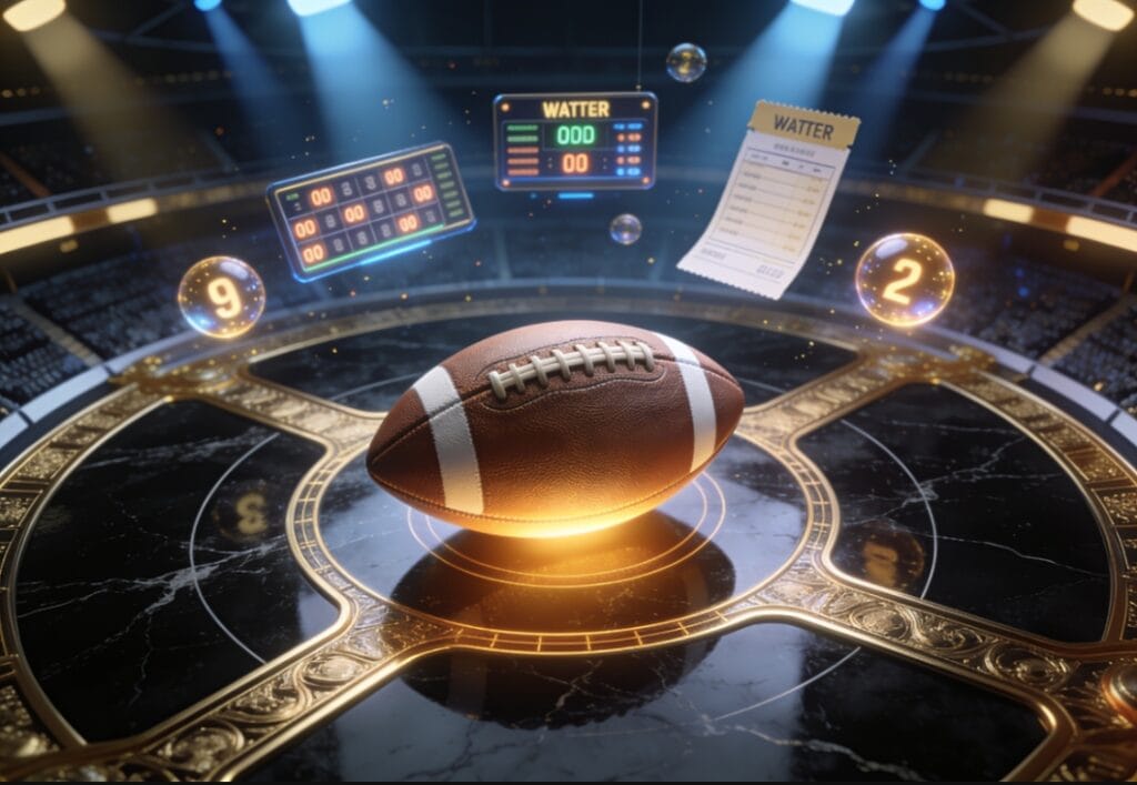 Football betting concept featuring a premium stadium, sportsbook elements, and beginner betting strategy.